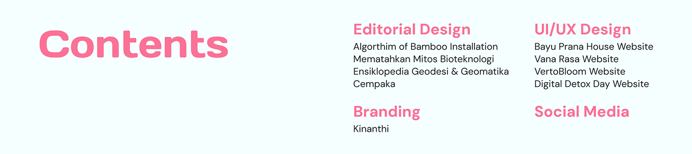 Portfolio contents listing editorial design, UI UX design, branding, and social media